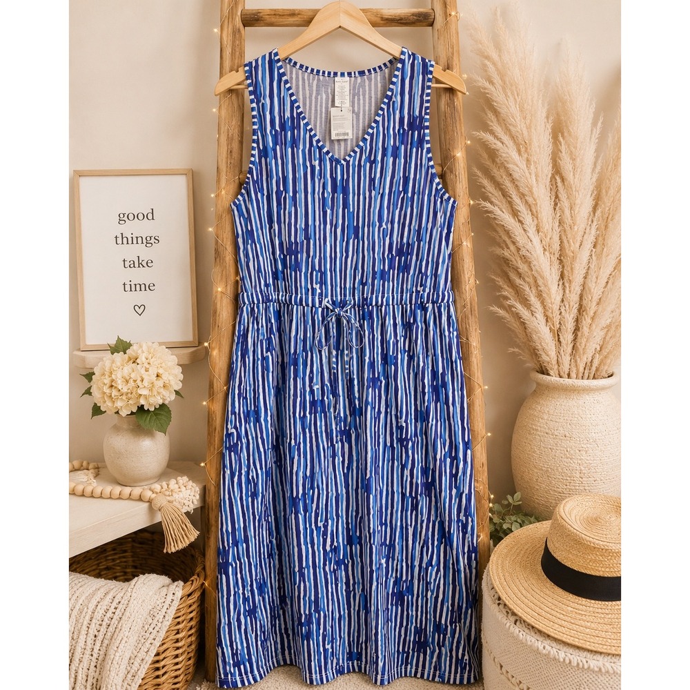 West Loop Blue White Abstract Stripe‎ Sleeveless V-Neck Dress Large NWT